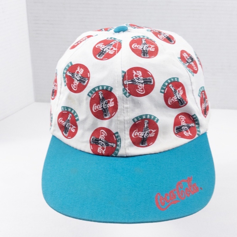 Vintage 90s Coca Cola Hat AOP Teal White All Over Print Snapback Cap Streetwear